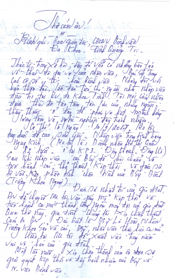 Thư cảm ơn của người nhà bệnh nhân Hồ Thị Quê điều trị tại Khoa Phụ Sản - Bệnh viện đa khoa tỉnh Quảng Trị