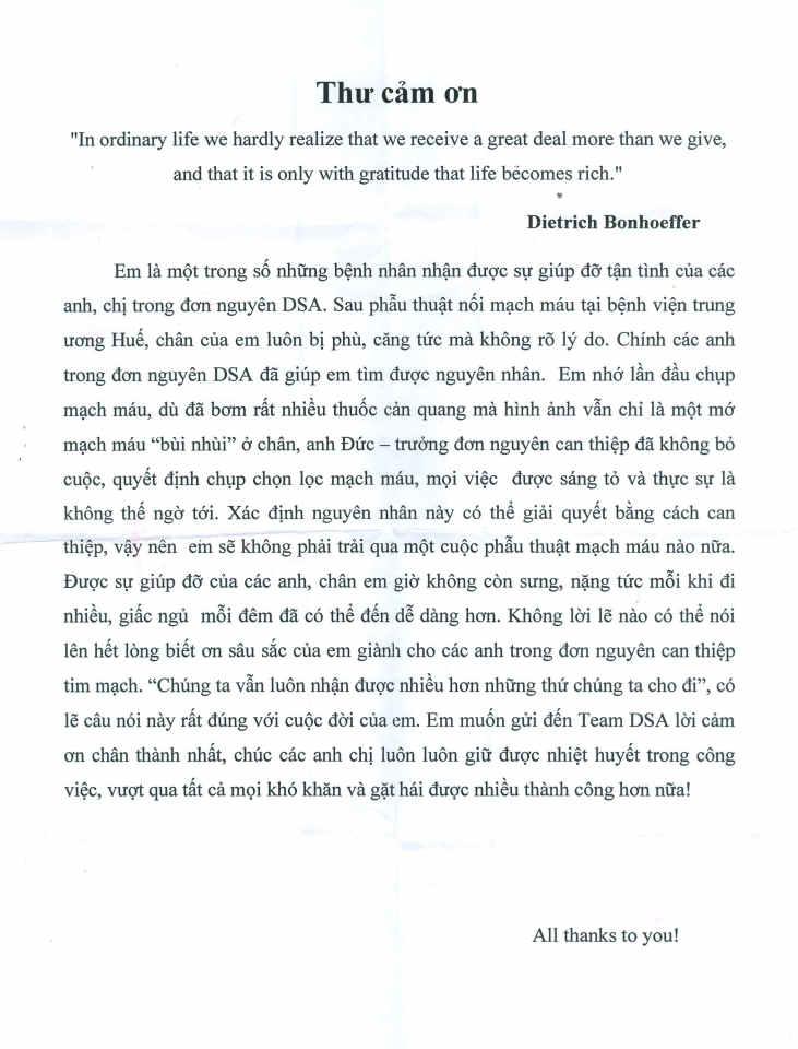 Thư cảm ơn của bệnh nhân điều trị tại Đơn nguyên Tim mạch can thiệp - Khoa Nội Tim mạch - Lão học - Bệnh viện đa khoa tỉnh Quảng Trị