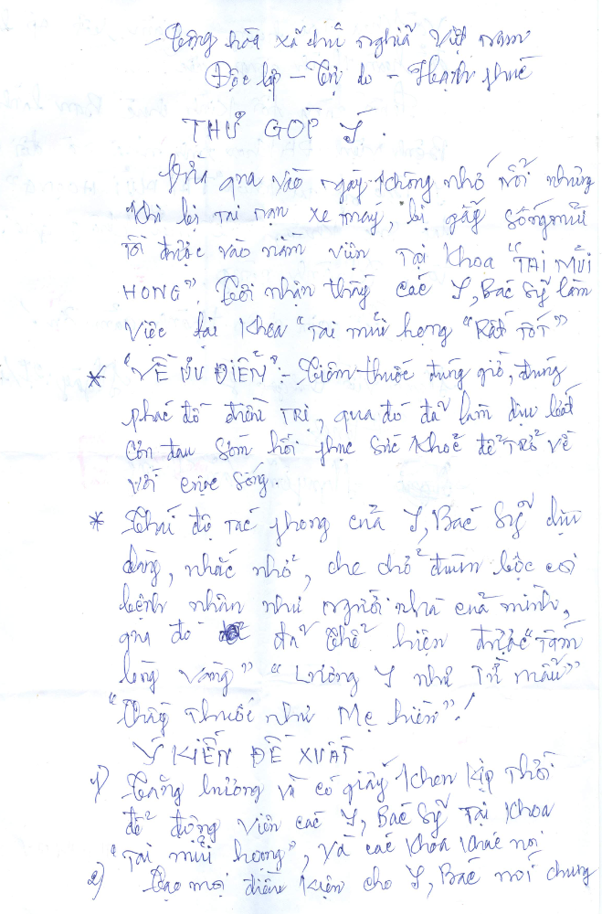 Thư cảm ơn của bệnh nhân Nguyễn Văn Cường điều trị tai Khoa Tai - Mũi - Họng - Bệnh viện đa khoa tỉnh Quảng Trị