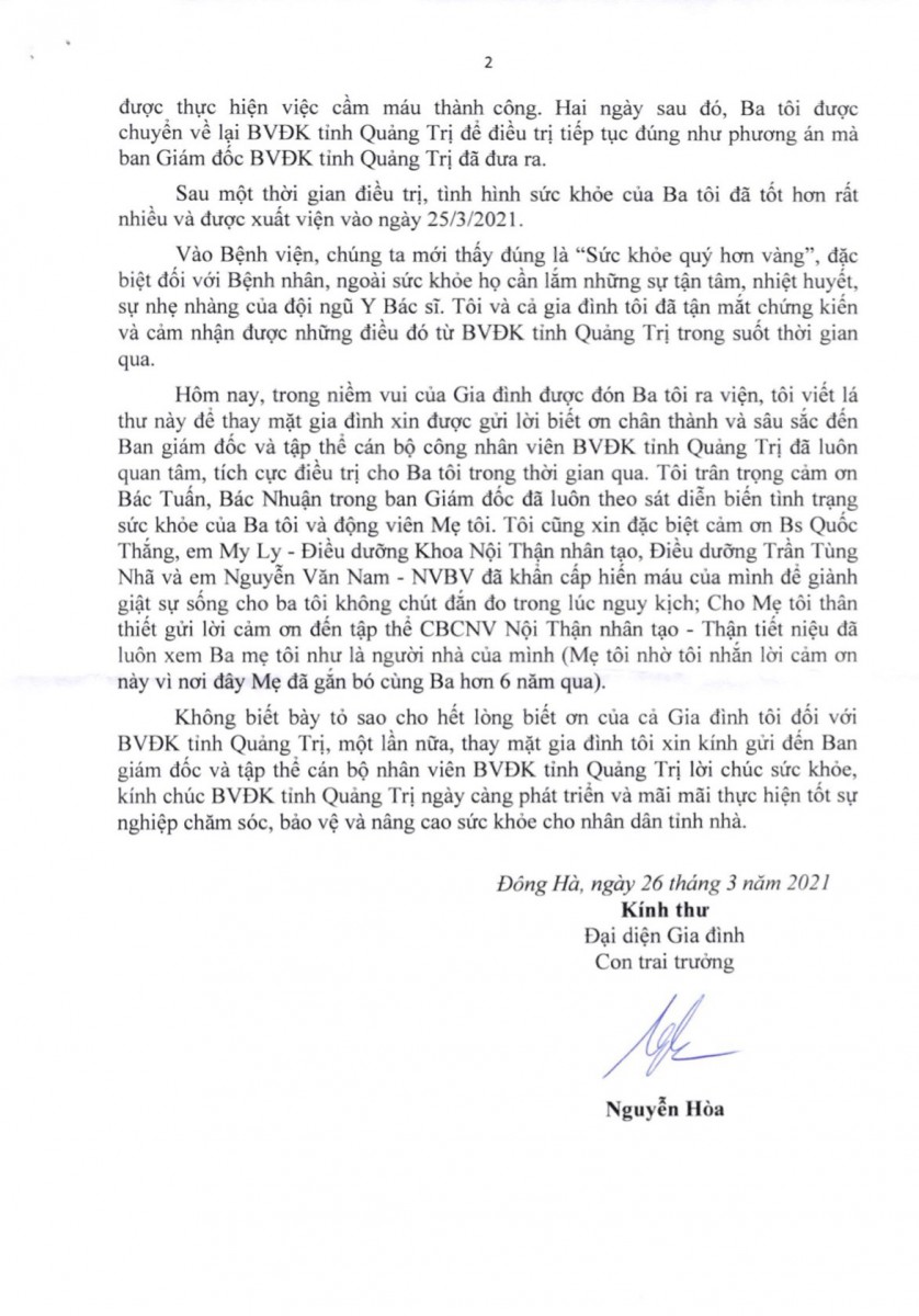 Thư cám ơn của ông Nguyễn Hòa NNBN Nguyễn Bường điều trị tại Khoa Nội thận-Tiết niệu-Thận nhân tạo
