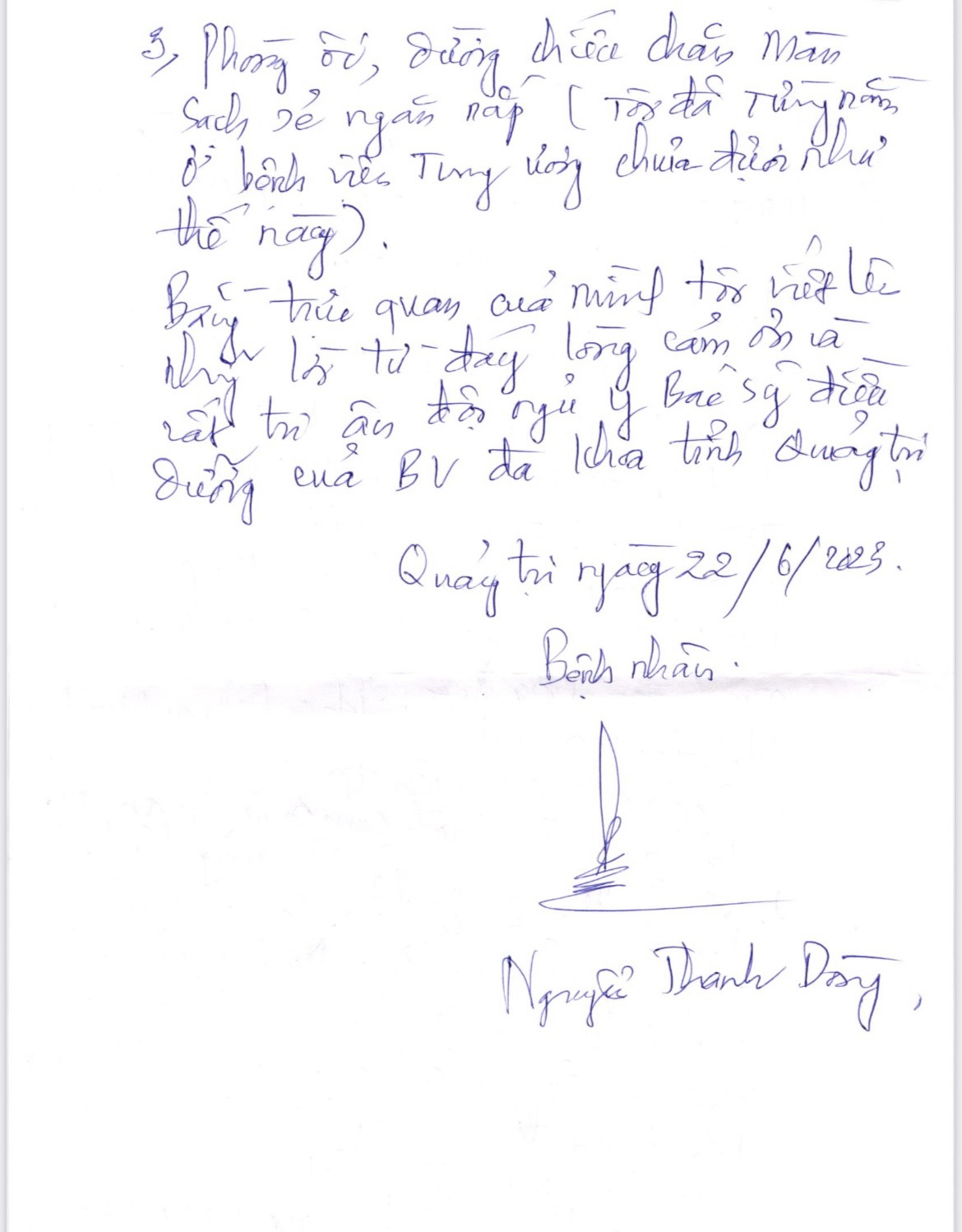 Thư cám ơn của bệnh nhân Nguyễn Thanh Dòng - điều trị tại khoa Da liễu - BVĐK tỉnh Quảng Trị 2